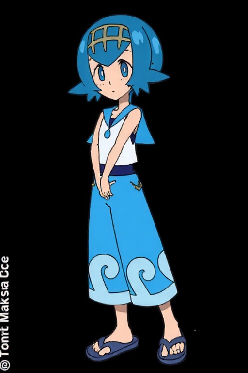 lana \(pokemon\),  A digital drawing of a young girl with pants,  blue hair with yellow hairband on Tensor.Art