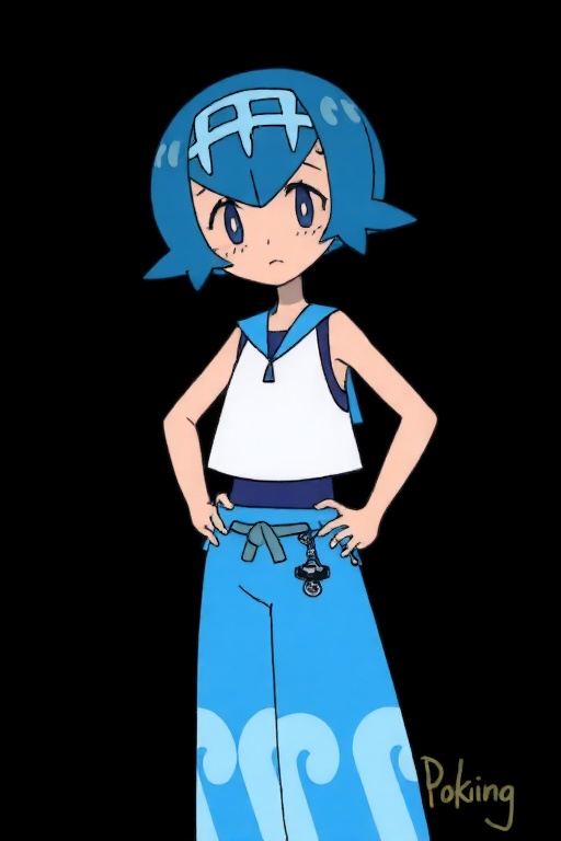 lana \(pokemon\),  A digital drawing of a young girl with pants,  blue hair and blue eyes on Tensor.Art