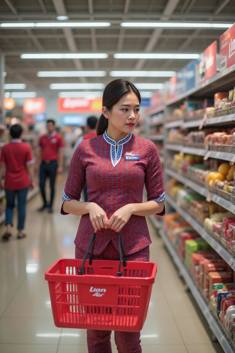 A woman standing in a supermarket,  wearing a Lion Air uniform,  shopping for groceries. The scene is brightly lit with fl...