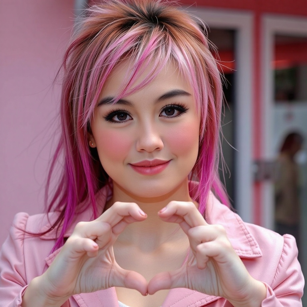 A closeup portrait of a young woman,  pink gradient haircolor,  wear pink cyberpunk elegant attire on Tensor.Art