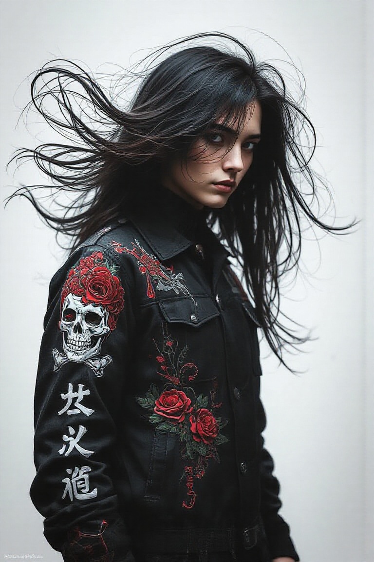 a striking scene of a person with long,  flowing hair,  wearing a black jacket adorned with a skull and Japanese character...