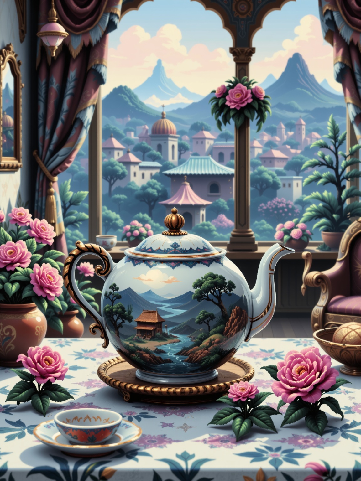 A porcelain teapot reveals a detailed city small paths around the cottage and flowers,  (((Focus is a a big river that see...