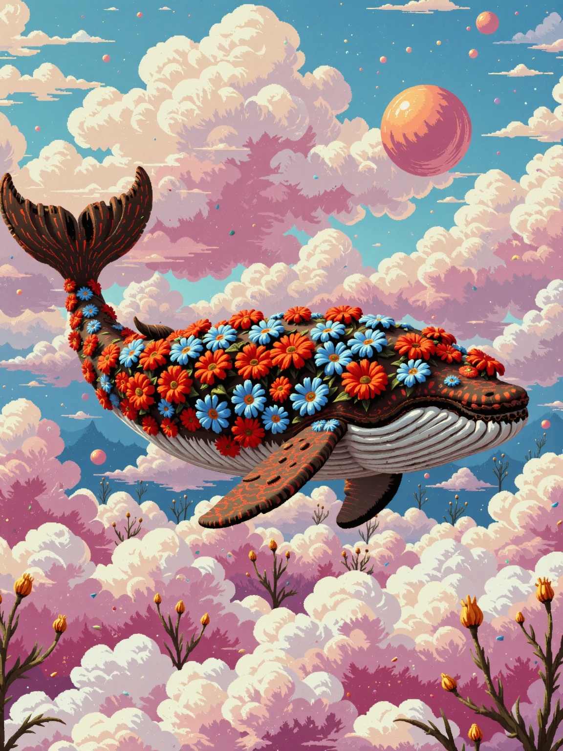 Ultra-realistic photo of a whale with skin made of red and blue flowers,  floating in pink clouds. Minimum details,  simpl...