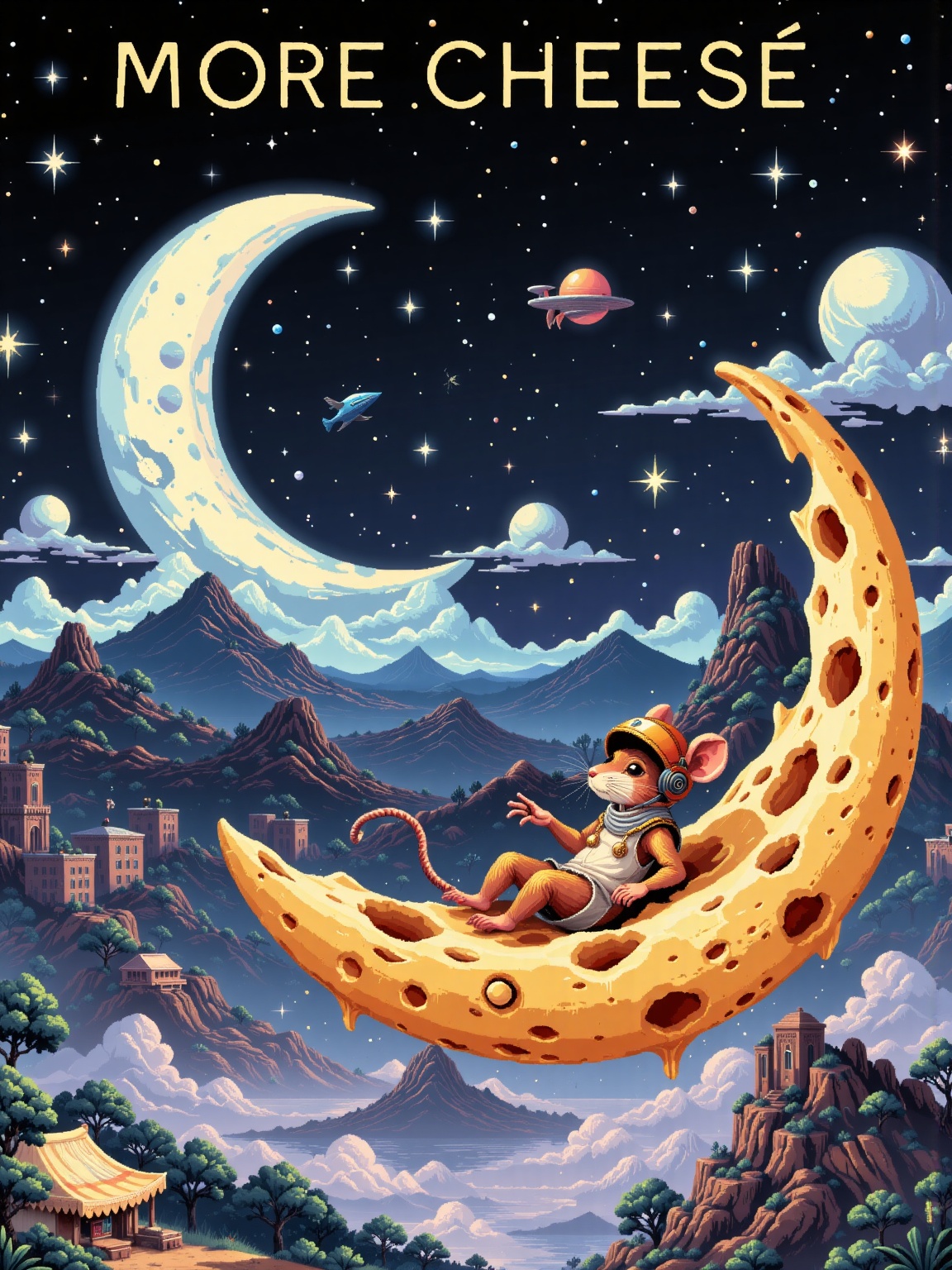 The image depicts a mouse wearing a helmet reclining on a crescent-shaped piece of cheese,  which floats serenely in a nig...