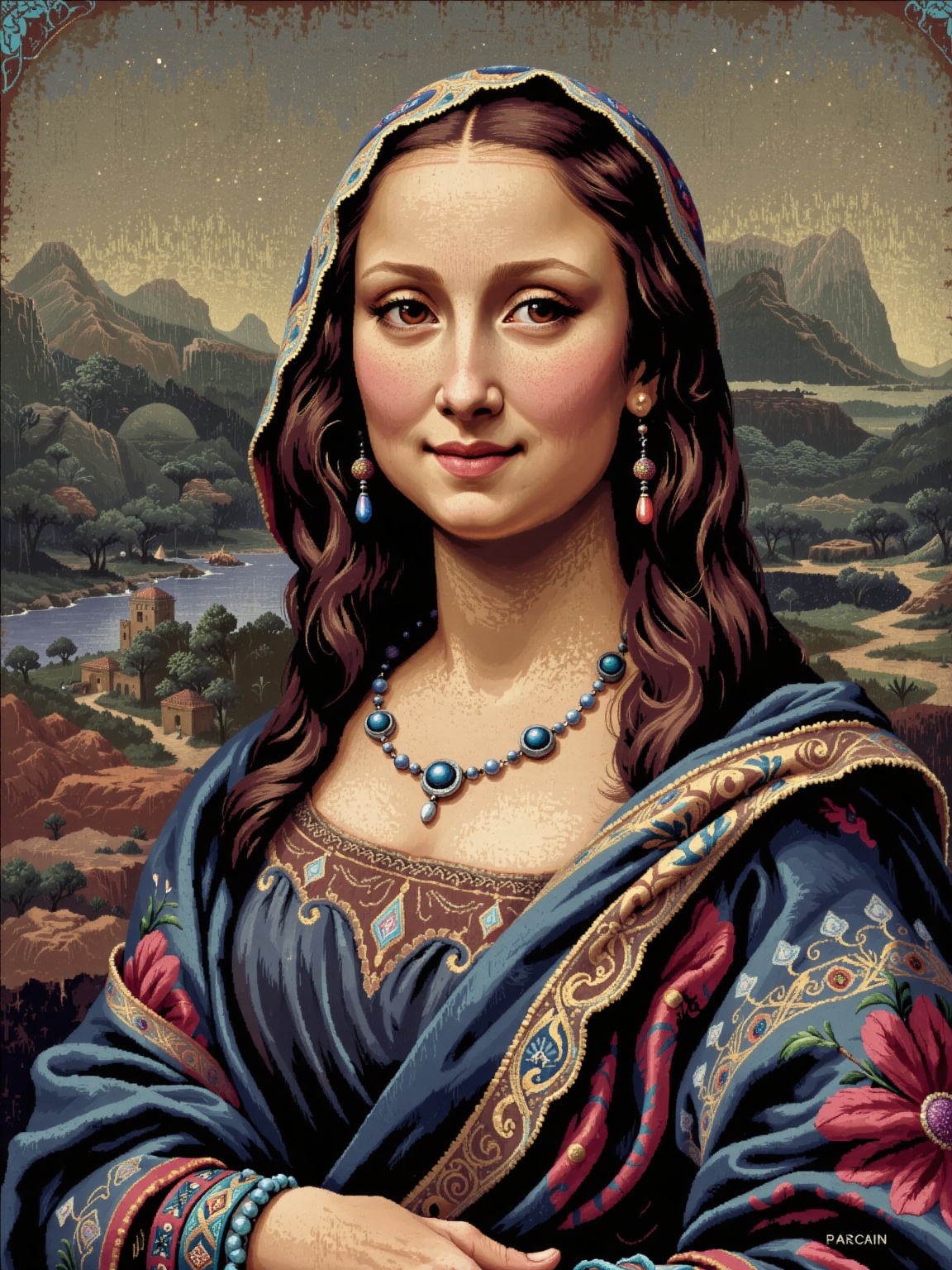 Leonardo da Vinci's iconic Mona Lisa is depicted in a stunning Moroccan-inspired ensemble,  with intricately patterned sil...