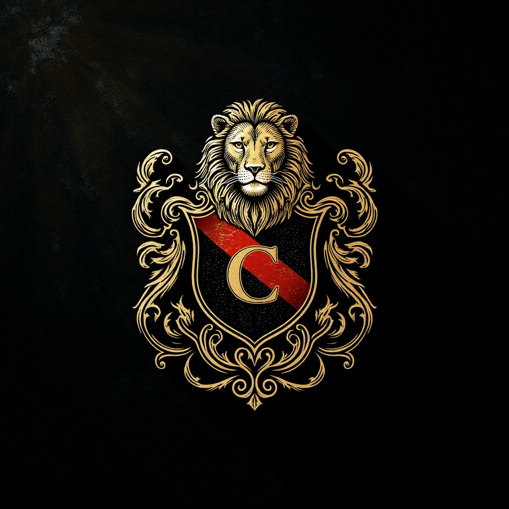 A majestic crest unfolds on a rich,  velvety black background,  adorned with intricate golden filigree that shimmers like...