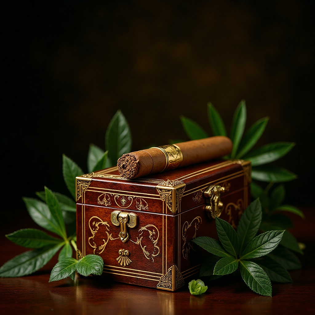 A majestic still life scene: a vintage wooden box adorned with intricate carvings and a delicate gold trim,  surrounded by...