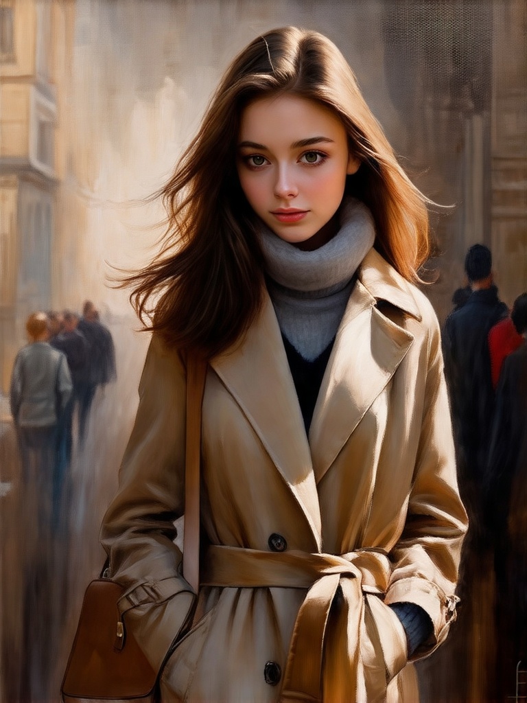 A stunning painting of professional artist draws a young woman who dressed in a long coat,  her eyes are beautiful and loo...