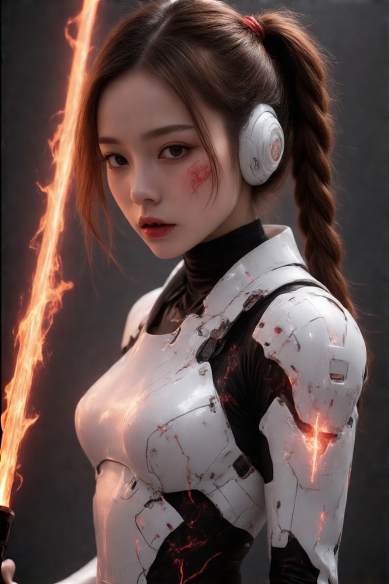 A captivating and vivid portrayal of a young alluring female cyber soldier in a cyberpunk-inspired world,  where fashion m...