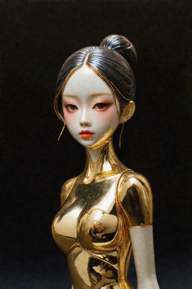 A stunning masterpiece of a photograph captures a wide-shot portrait of a colorful,  cute-girl figure delicately carved fr...