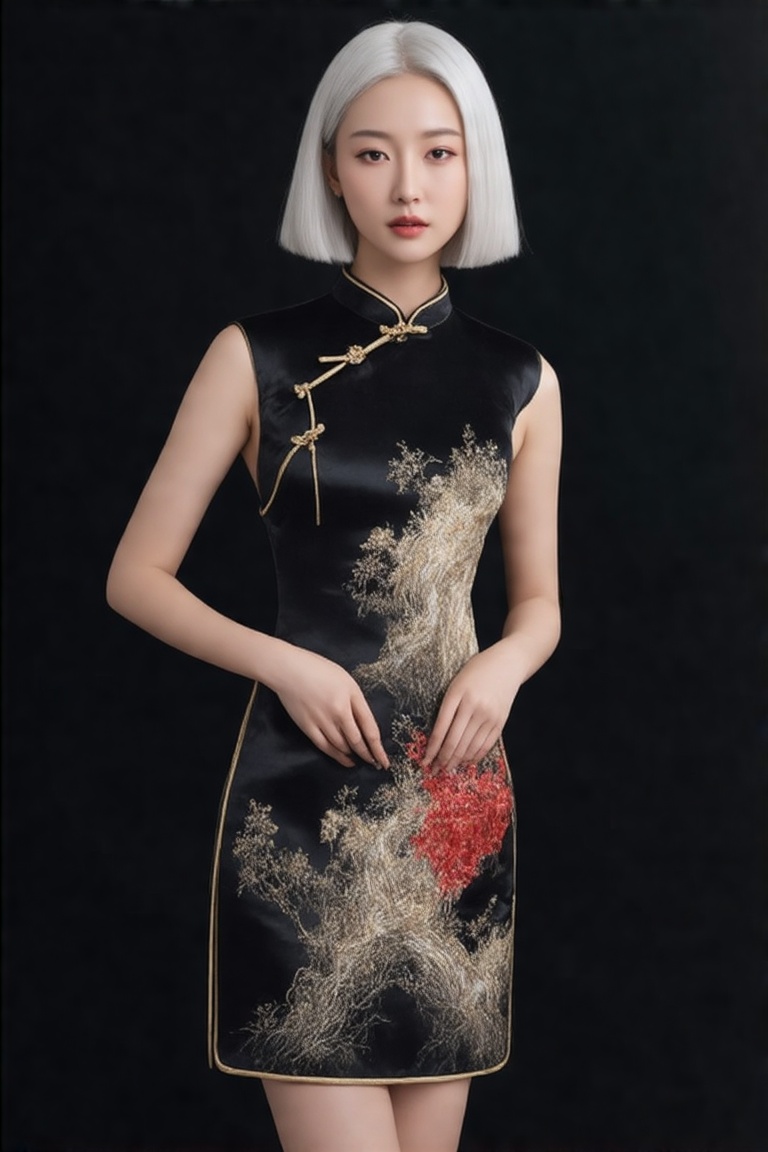 A mystical fusion of East meets West: a Japanese supermodel stands resolute against a dark,  foreboding backdrop,  spotlig...