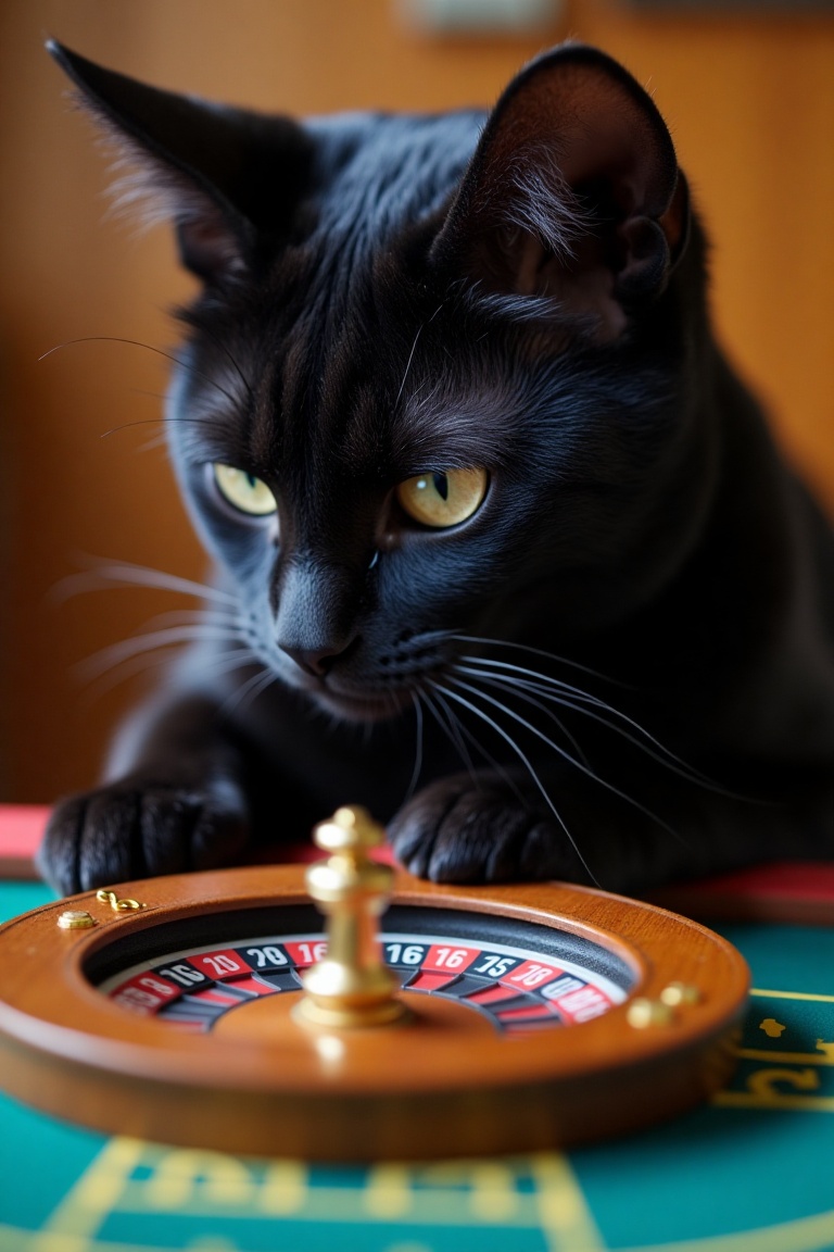 A sleek black cat,  eyes fixed intently on a miniature roulette wheel,  paws hovering over the betting chips. Soft focus l...