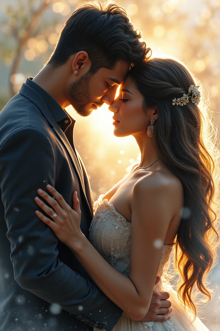A majestic watercolor splash painting masterpiece captures the essence of romance as two lovers share a tender embrace. So...
