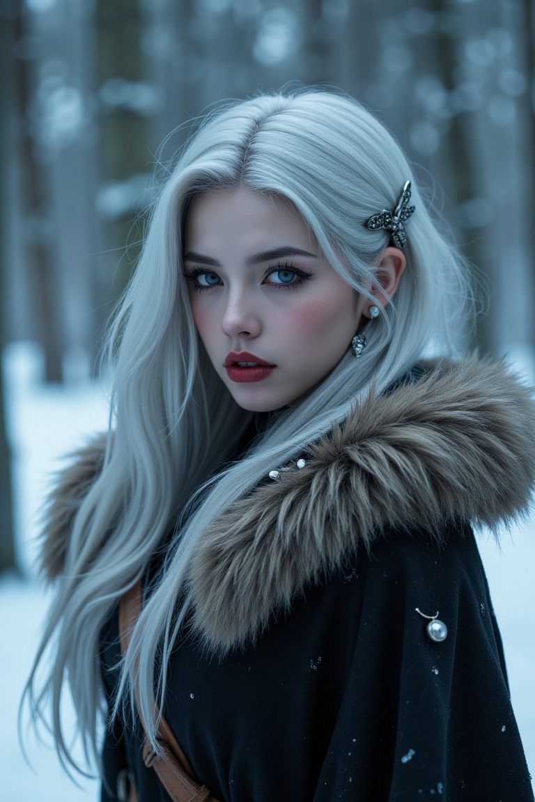 In a cinematic aerial view,  a fierce female warrior stands tall amidst a serene snowy forest,  her fur-trimmed cloak and...
