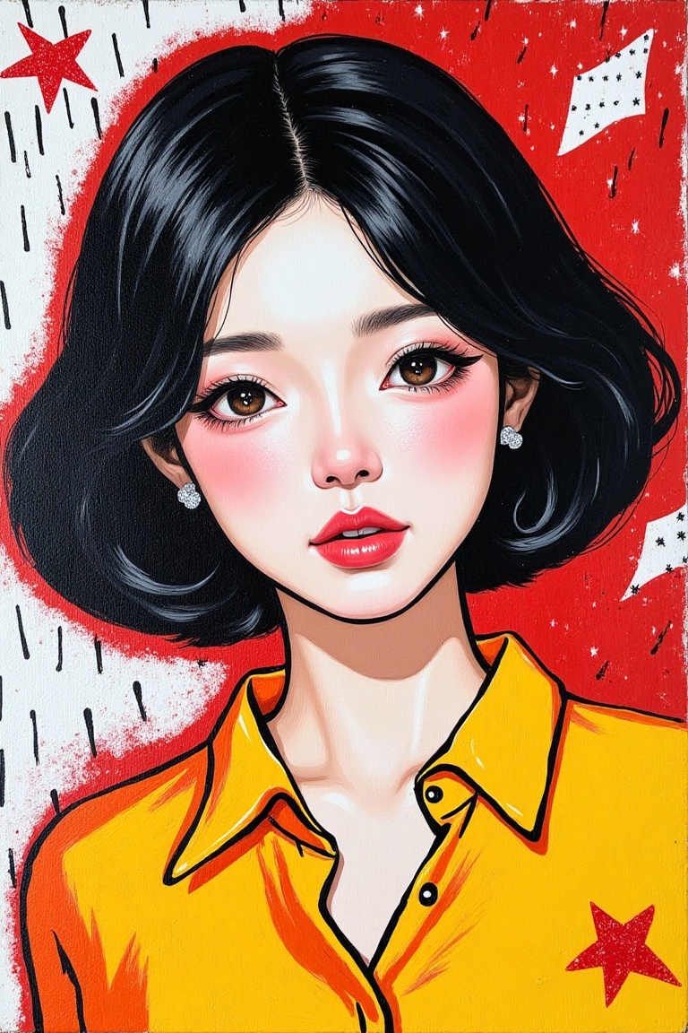 A vibrant,  pop-art inspired portrait of a Chinese woman on a textured canvas,  featuring bold brushstrokes and graphic sh...