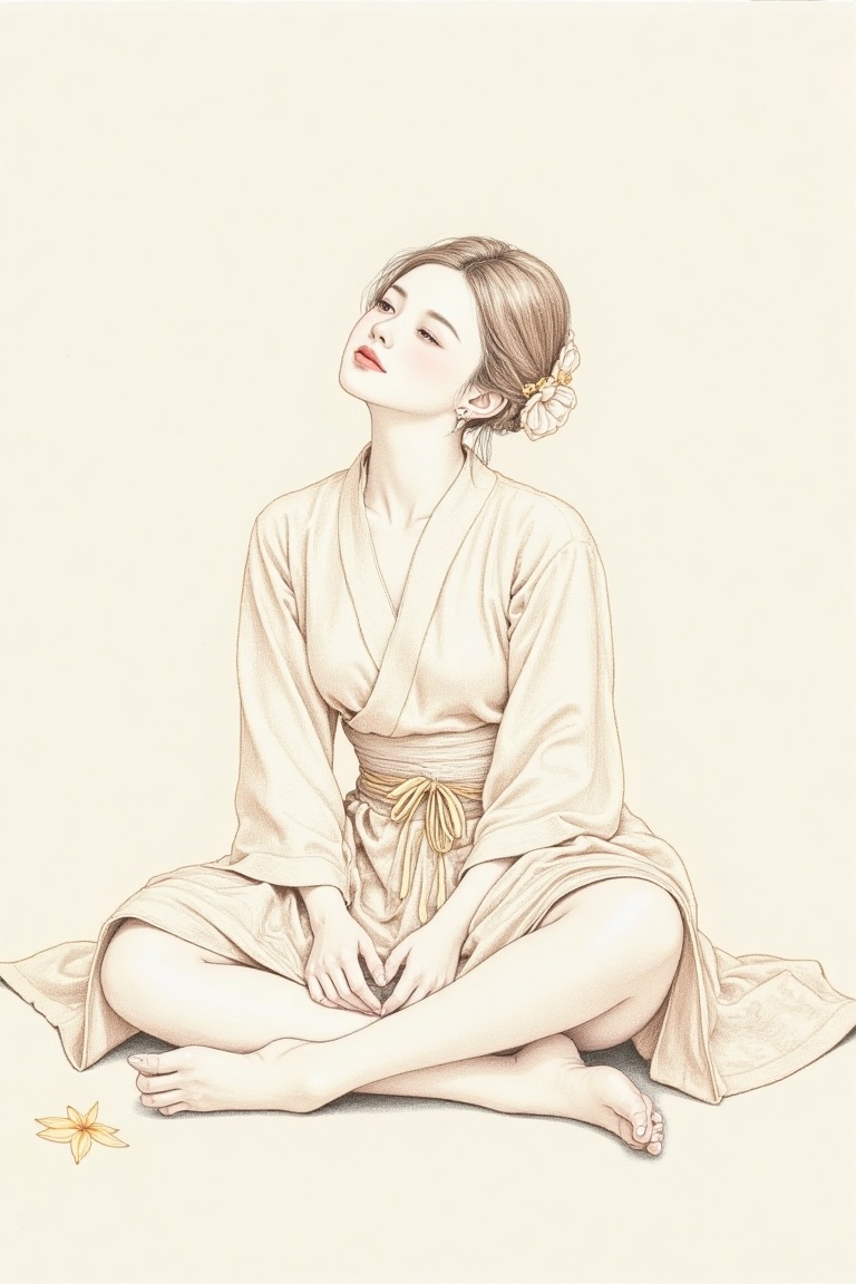 A delicate pencil drawing captures the serene atmosphere of a woman dressed in traditional Hanfu attire,  seated cross-leg...