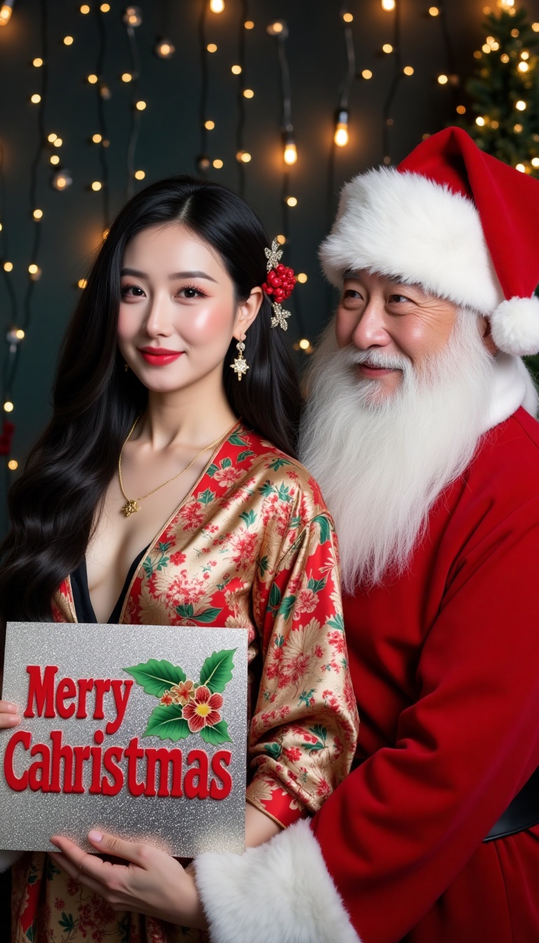 A sultry Oriental beauty,  adorned in vibrant silk robes,  stands confidently before a festive backdrop of twinkling light...