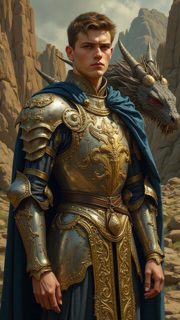 An awe-inspiring neoclassical portrait of a young alpha male standing in High Gothic intricate gold plate armor,  draped w...