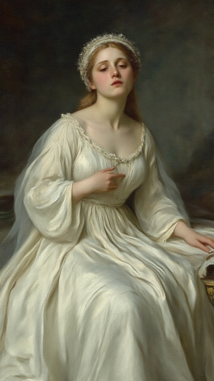 In a Renaissance-inspired portrait,  the Ethereal Goddess of Beauty sits serenely,  her long white wavy dress flowing like...