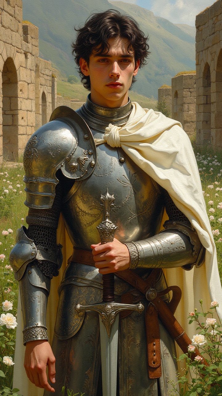 A holy white knight from the medieval era,  clad in intricately engraved High Gothic plate armor,  draped with a white cap...