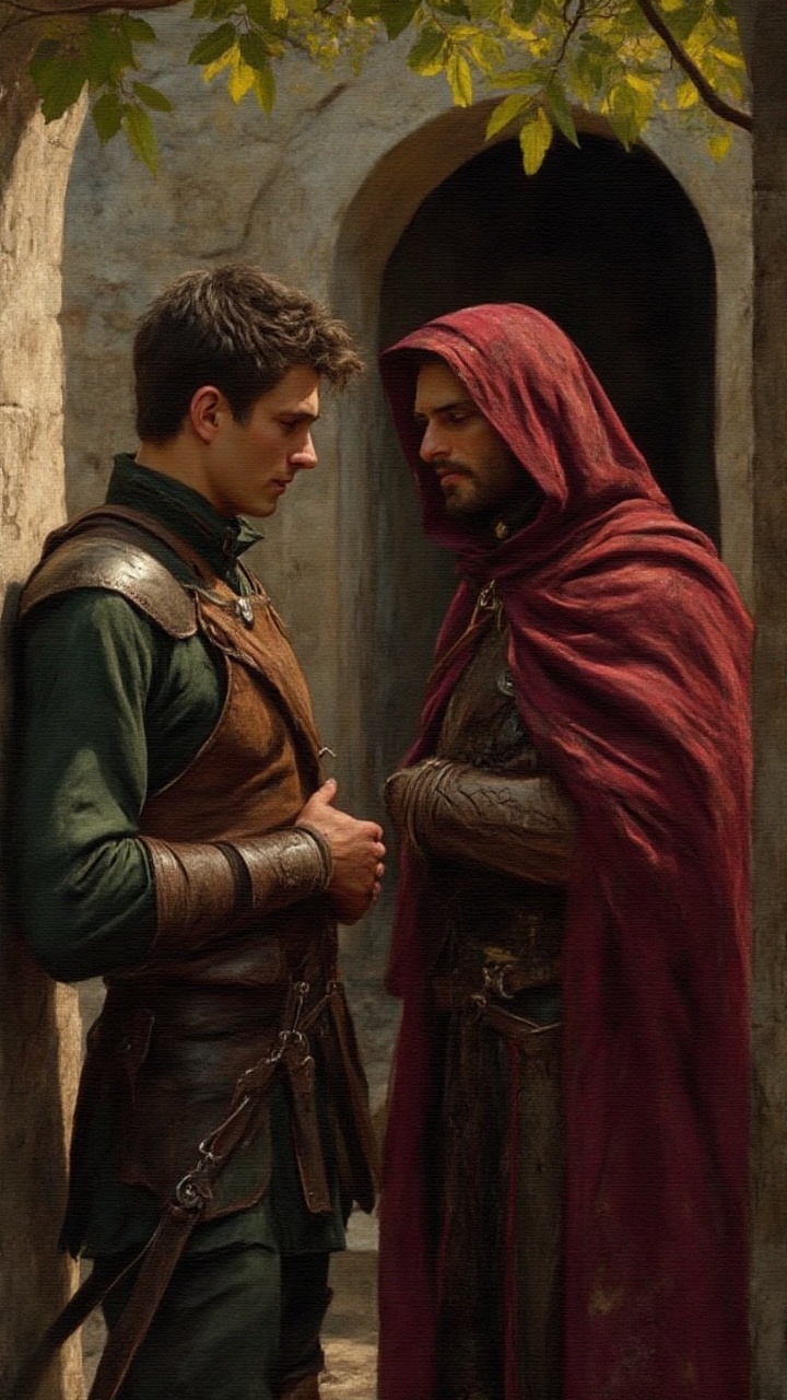 A highly detailed and atmospheric painting of two medieval men locked in a tense,  intimate moment outside a stone-walled...