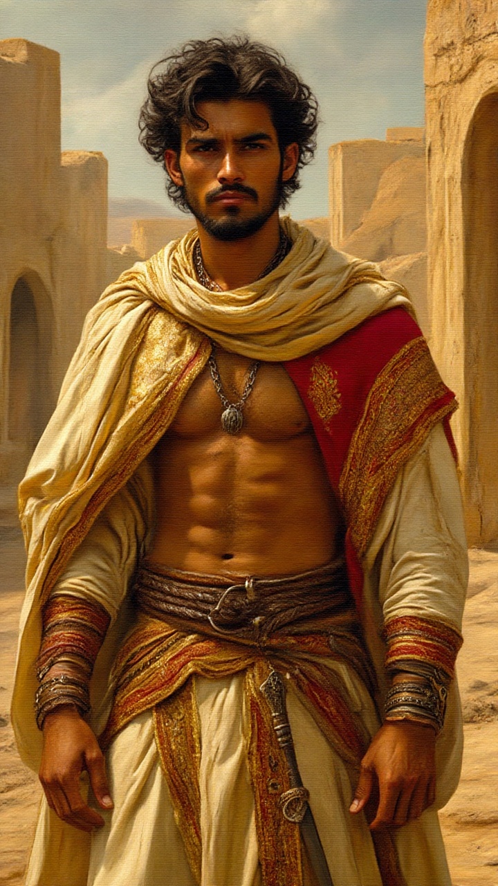 A romantic neoclassical painting,  inspired by Pre-Raphaelite and medieval art,  depicts a striking young Arab warrior in...