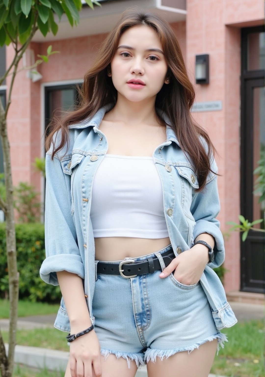 Photograph of a young Asian woman with fair skin,  straight brown hair,  and a slender build. She wears a light blue denim...