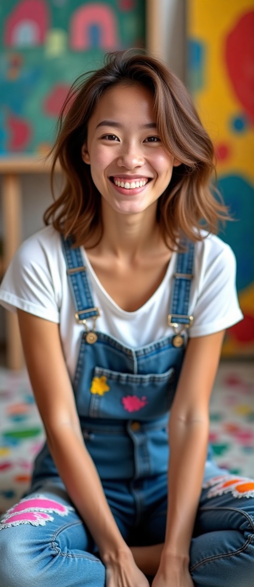 Capture a joyful moment of a young woman sitting on the floor of a vibrant art studio,  surrounded by splashes of paint. S...