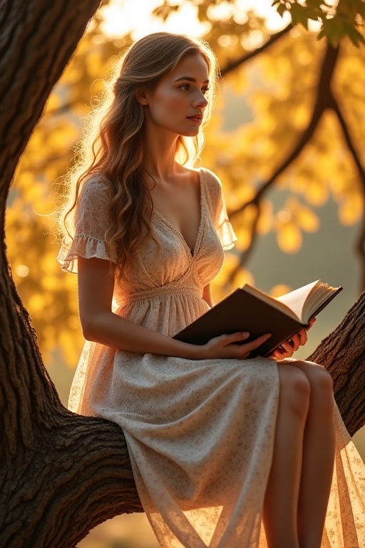 Create a captivating scene featuring a young woman sitting elegantly on a tree branch,  enveloped by the golden hues of au...