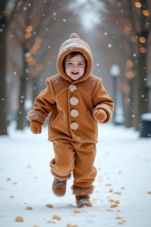 A whimsical scene unfolds in a snowy park where a child dressed as a gingerbread man runs joyfully,  leaving a trail of co...