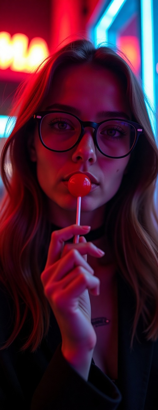 Create a striking portrait of a young woman in a dimly lit setting,  illuminated by vibrant neon lights. She has a modern,...