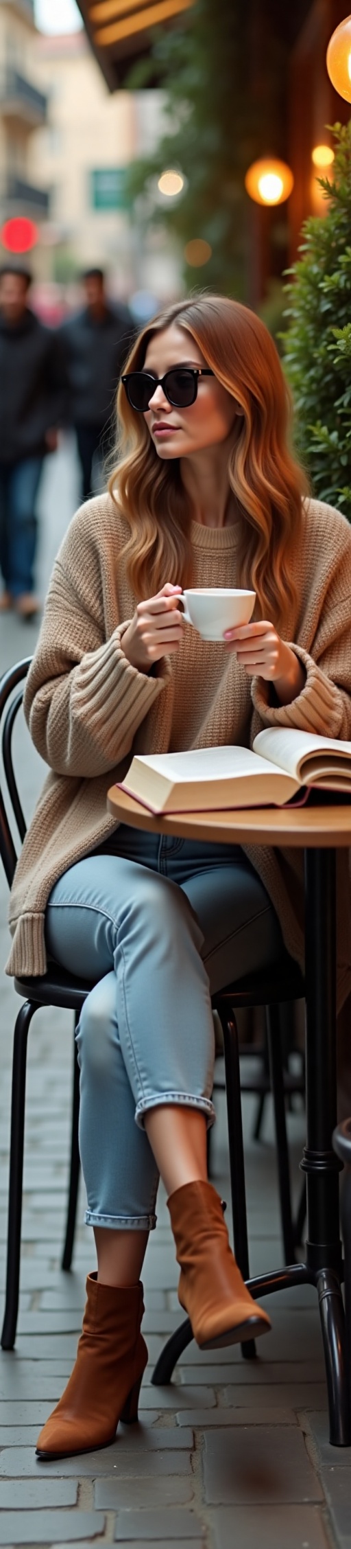 Create a vibrant café scene featuring a stylish young woman seated at a bistro table,  sipping coffee while engrossed in a...