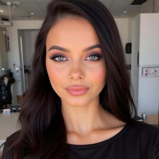 possibly achieved through makeup. She has striking,  well-defined eyebrows,  smoky eye makeup. Her eyebrows are perfectly...