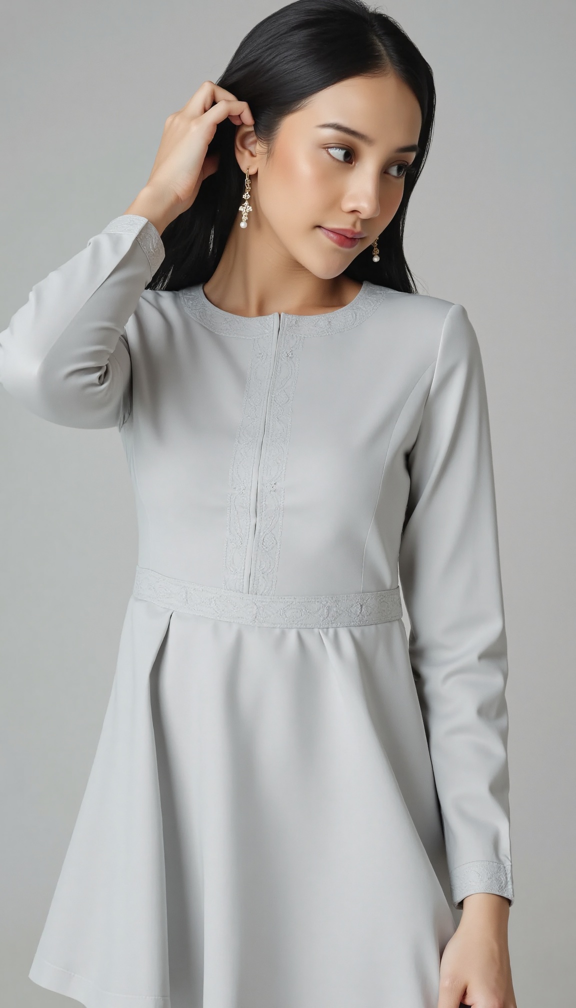 An elegant girl (clothing color soft light gray) wearing a minimalist style dress with a light gray overall color,  a roun...