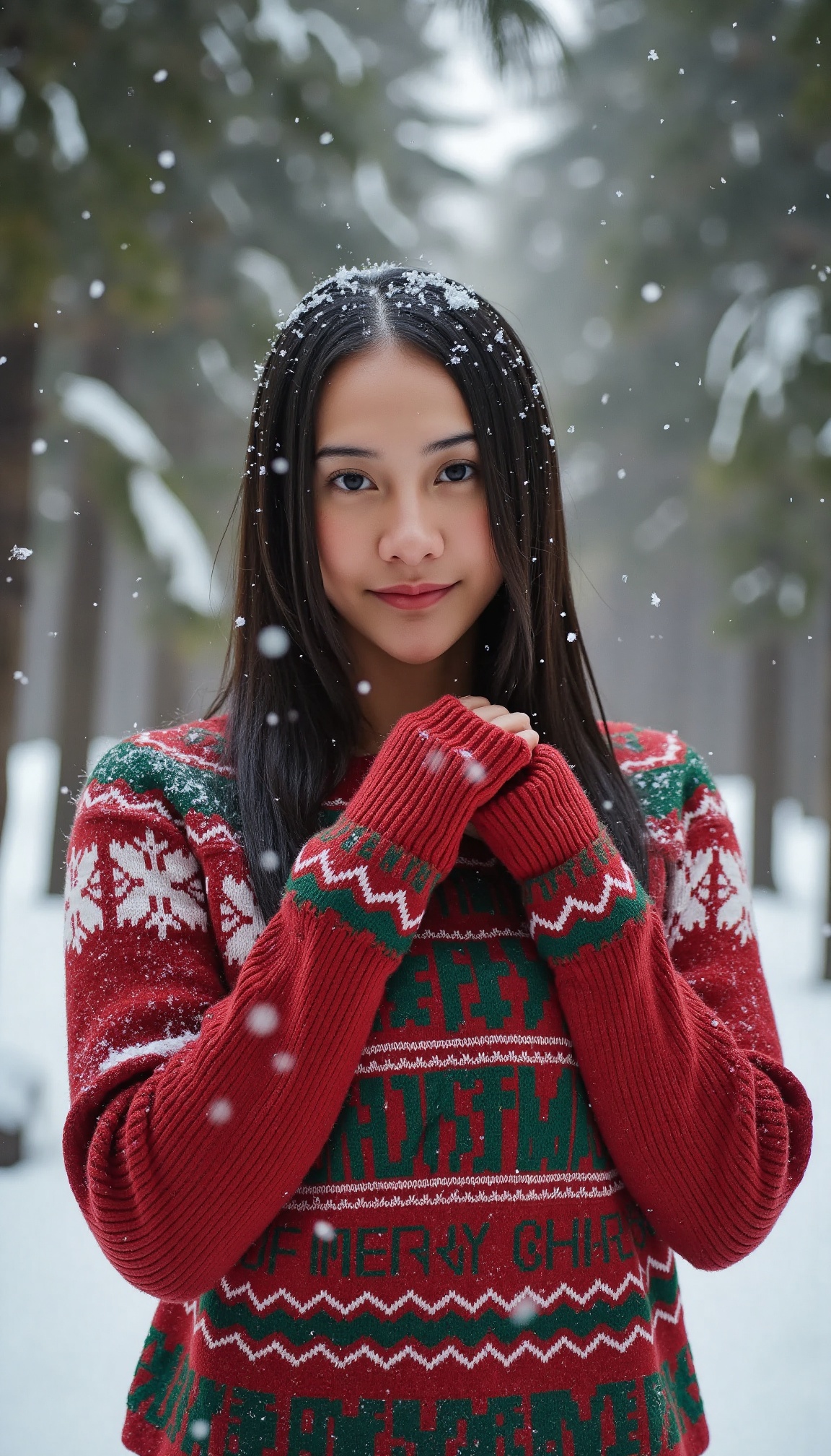 A warm winter wonderland scene: A young woman,  bundled in a cozy red Christmas knit sweater adorned with intricate snowfl...