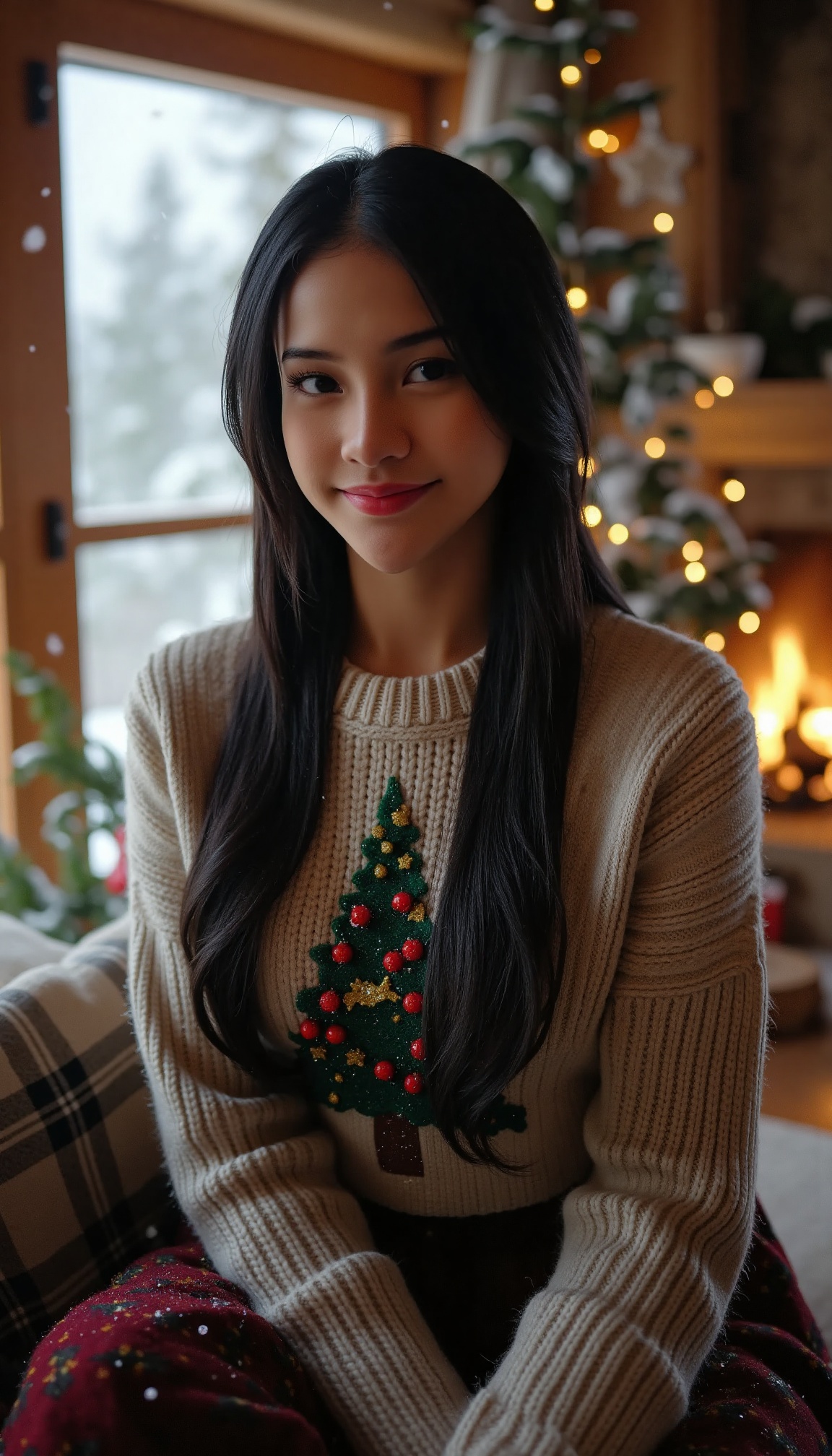 In a serene winter wonderland setting,  a stunning girl with dark hair and piercing silver eyes sits in front of a roaring...