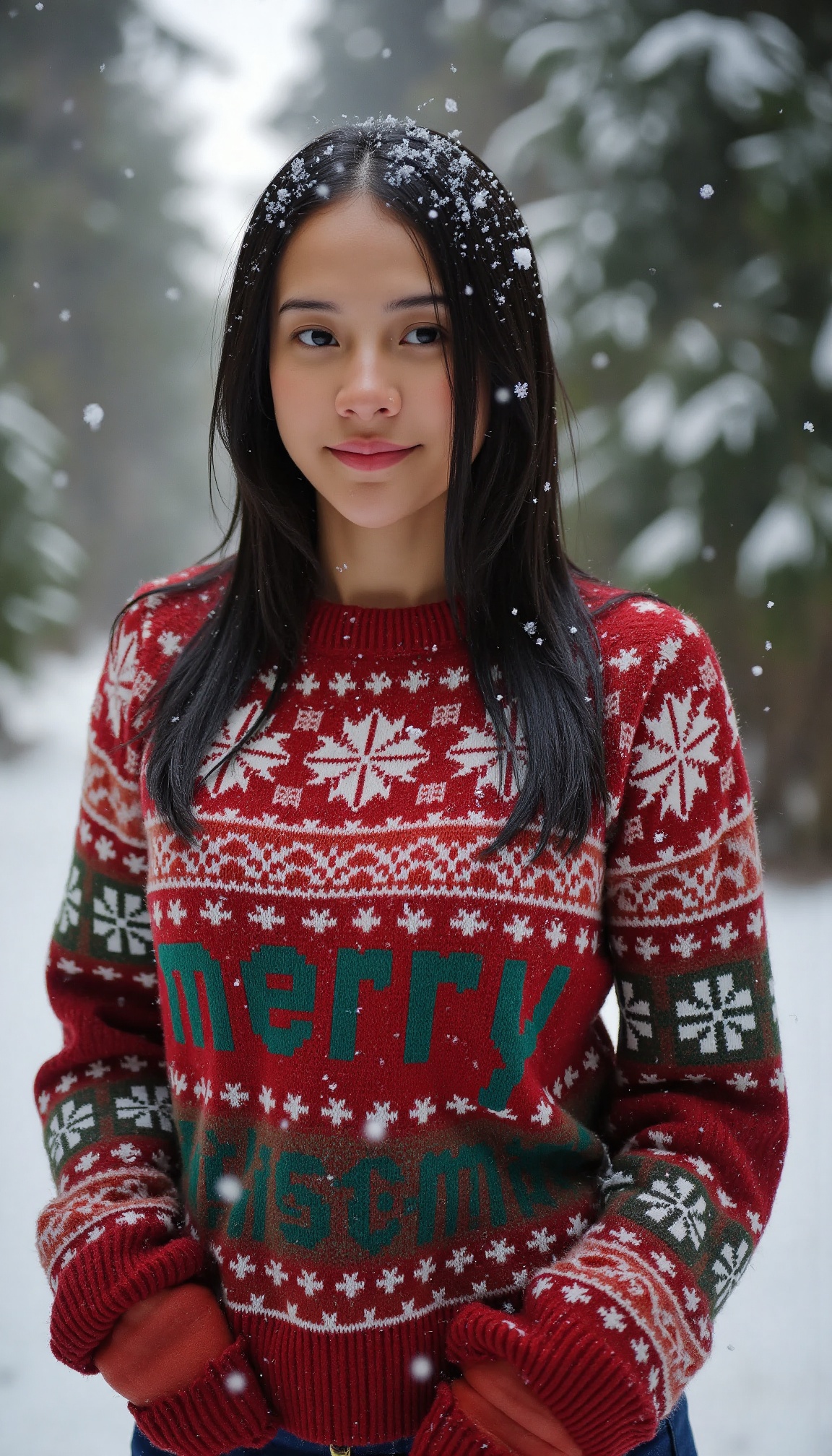 A warm winter wonderland scene: A young woman,  bundled in a cozy red Christmas knit sweater adorned with intricate snowfl...