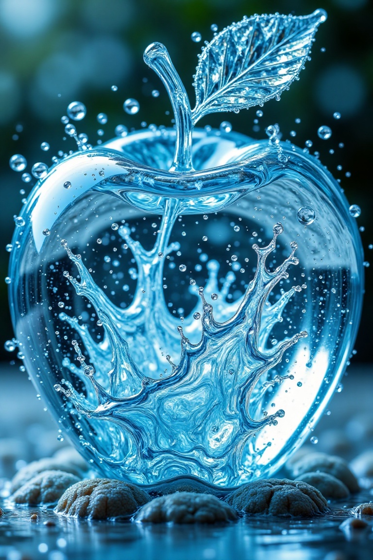 A close-up macro shot of an apple made entirely of transparent,  aqua-colored water,  with intricate details of the fruit'...