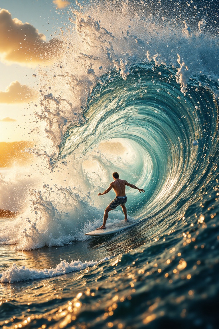 A hyper-realistic cinematic shot of a man surfing on a massive rolling wave under the golden hour,  with the aqua water sh...