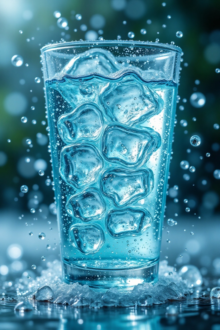 A cinematic macro photography shot of a tall glass filled with aqua-colored iced tea,  showcasing delicate dew droplets on...