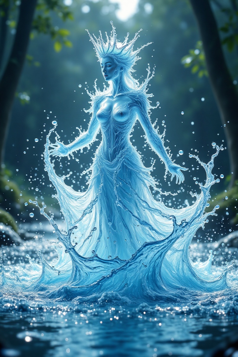 A cinematic wide shot of a humanoid figure made entirely of aqua water,  wearing a crown also formed from flowing water,...