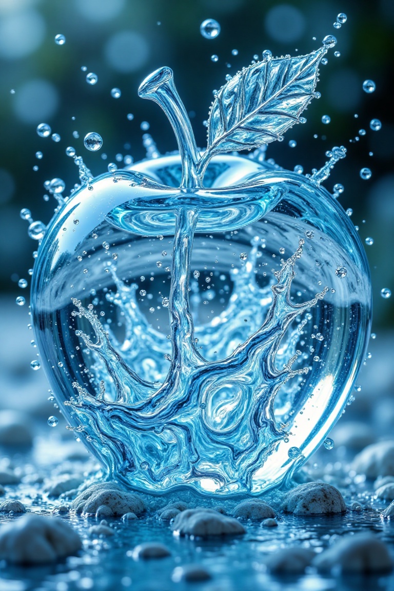 A close-up macro shot of an apple made entirely of transparent,  aqua-colored water,  with intricate details of the fruit'...