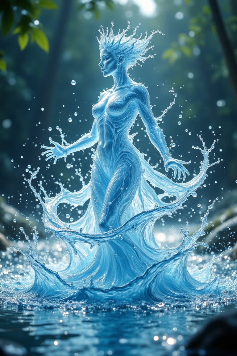A cinematic wide shot of a humanoid figure made entirely of aqua water,  wearing a crown also formed from flowing water,...