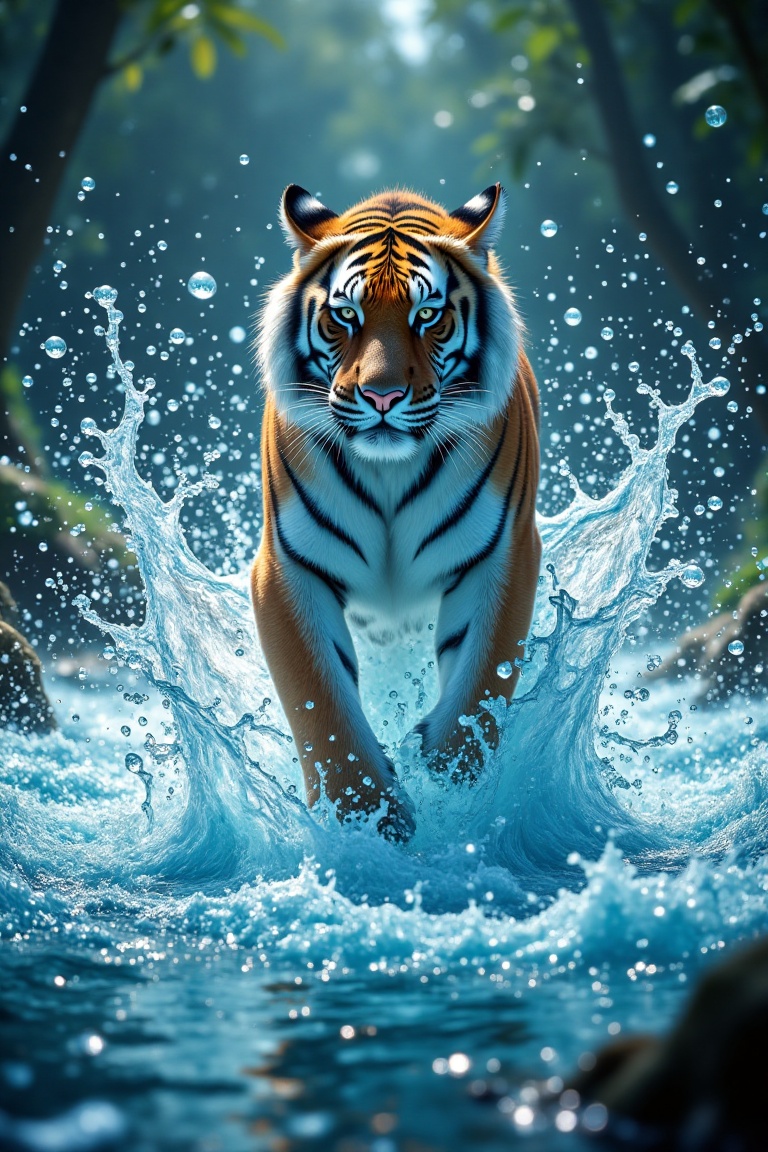 A cinematic wide shot of a majestic tiger (harimau) running gracefully on the surface of crystal-clear aqua water,  with d...
