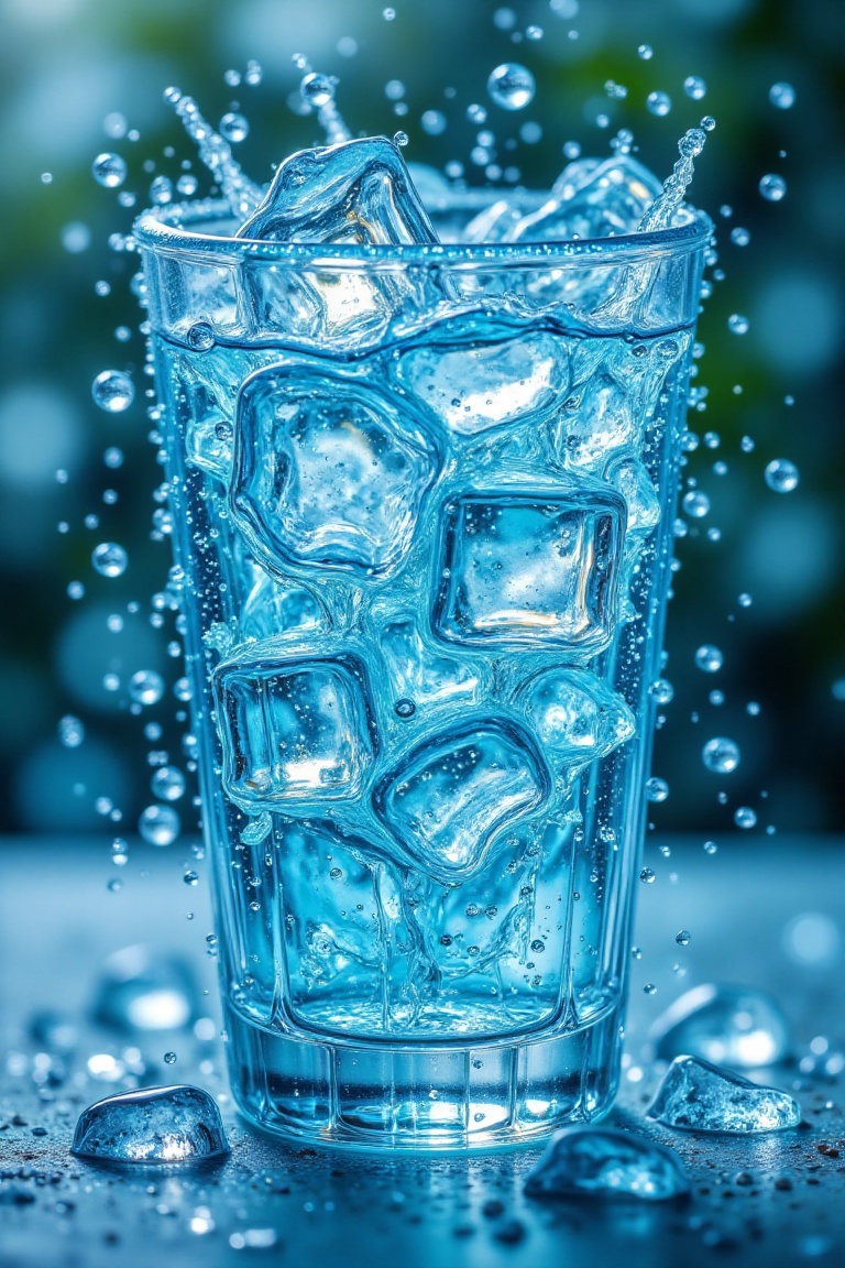 A cinematic macro photography shot of a tall glass filled with aqua-colored iced tea,  showcasing delicate dew droplets on...