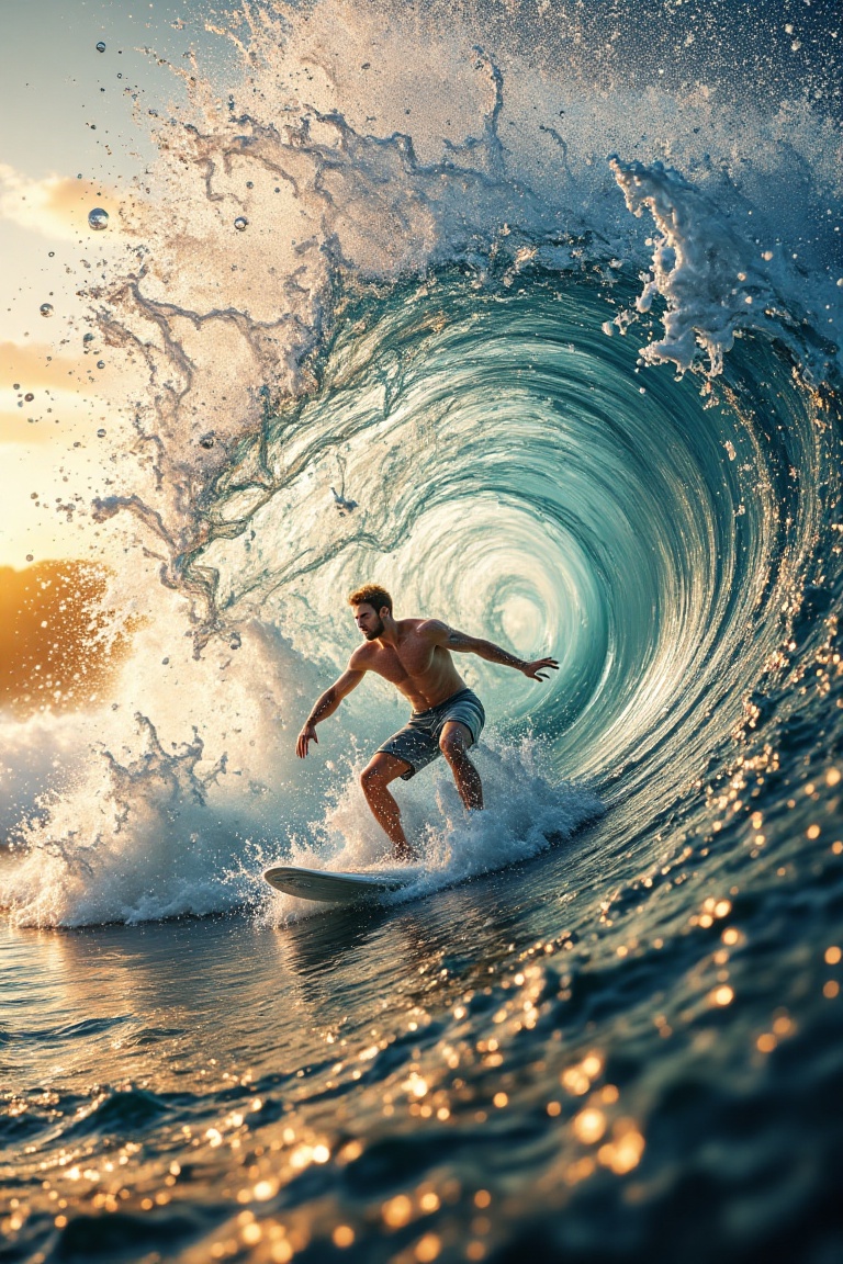 A hyper-realistic cinematic shot of a man surfing on a massive rolling wave under the golden hour,  with the aqua water sh...