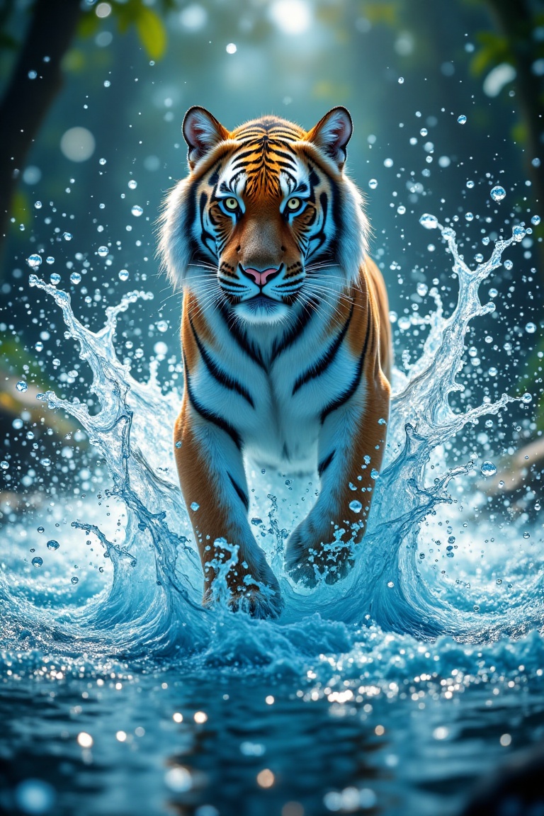 A cinematic wide shot of a majestic tiger (harimau) running gracefully on the surface of crystal-clear aqua water,  with d...