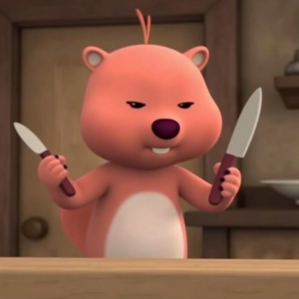 a loopy meme,  holding fox and knife in her hand,  waiting for food on Tensor.Art