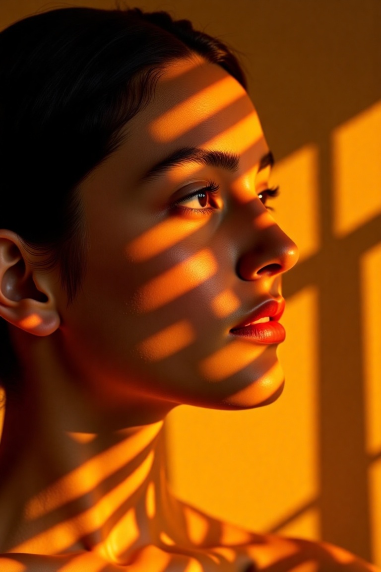 Close up Image of a young woman's face,  taken in a warm,  golden light that casts dynamic horizontal shadows across her f...