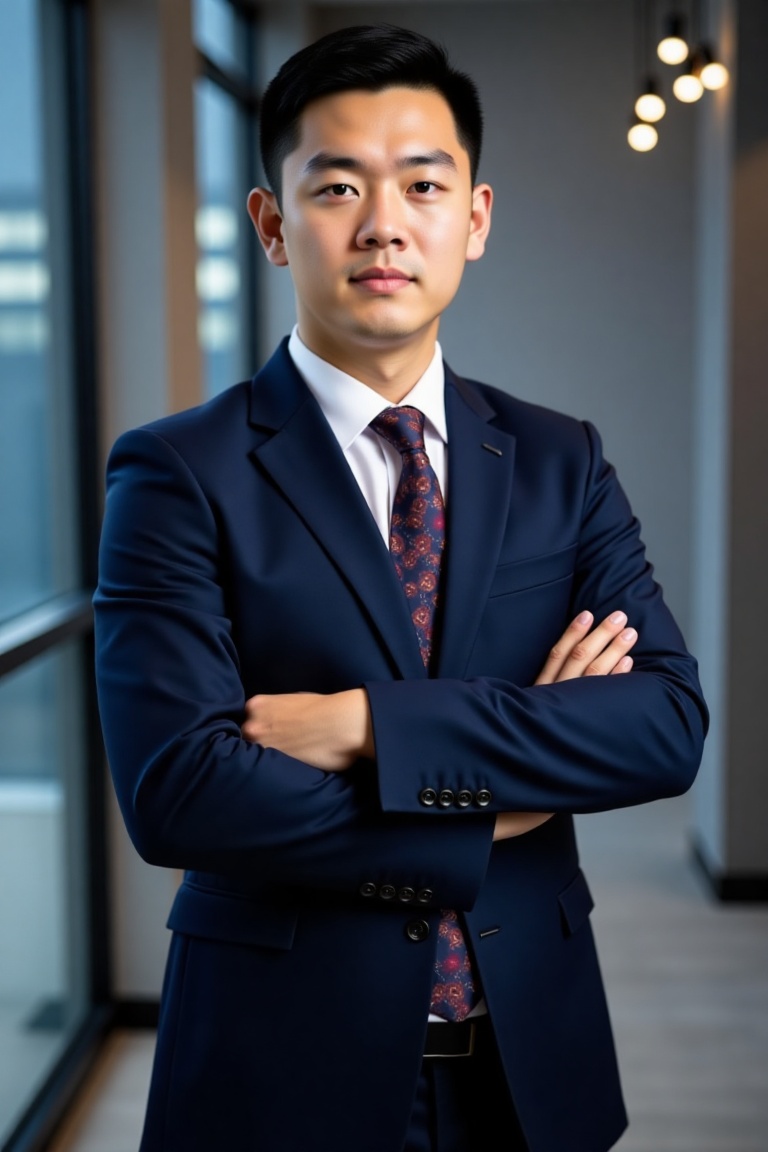 A mid-range,  professionally lit portrait of a man in his late 20s or early 30s,  East Asian ethnicity. He is dressed in a...